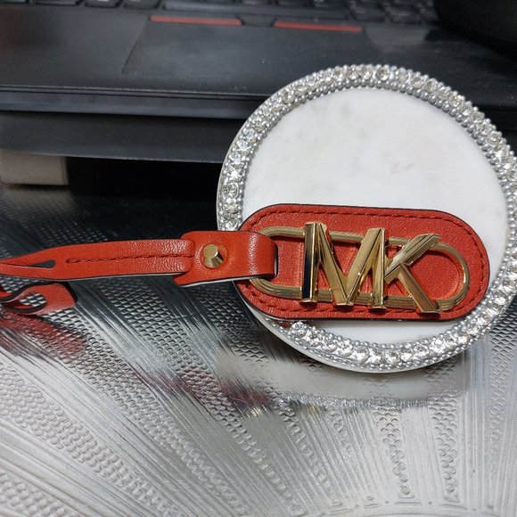 MICHAEL KORS Slip Over Handbag Charm Logo Gold MK Wording Read Leather Straps - Picture 4 of 6